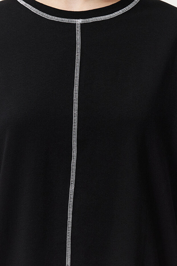 Siyah %100 Pamuk Karkoya Dikiş Detaylı Oversize/Geniş Kesim Örme T-Shirt TWOSS24TS00184 - 8
