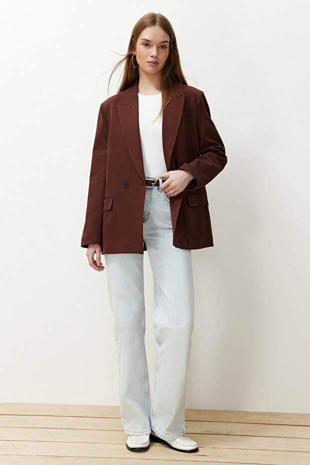 Kahverengi Oversize Düz Kesim Basic Kruvaze Dokuma Blazer Ceket TWOSS24BC00028 - 3