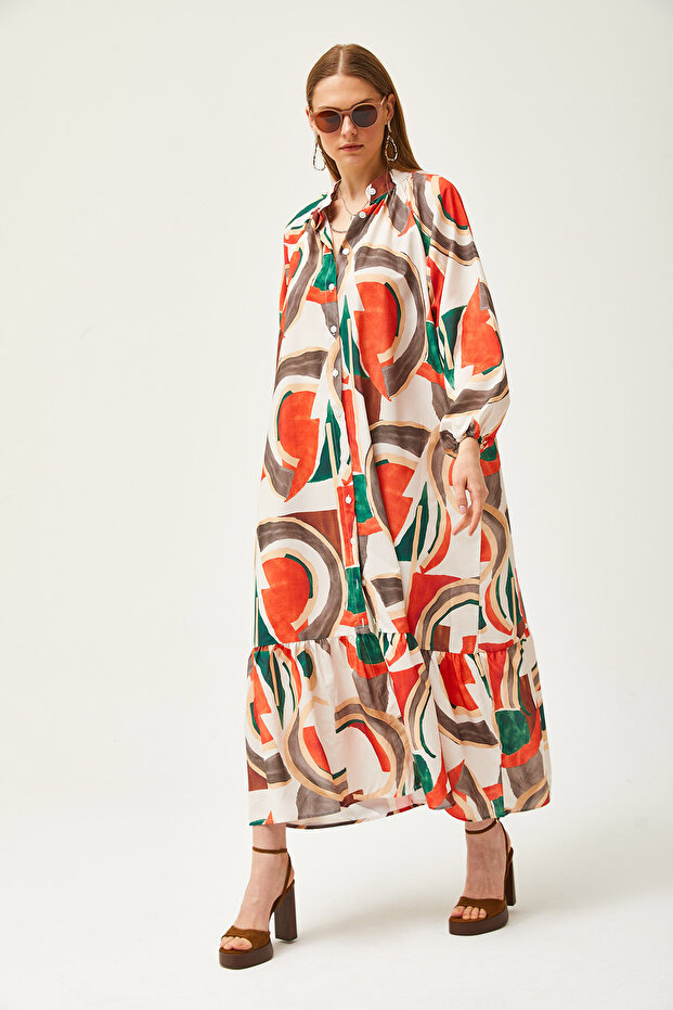 Női ekrü narancssárga nagy mintás maxi szőtt ingruha ELB-19002056 - 2