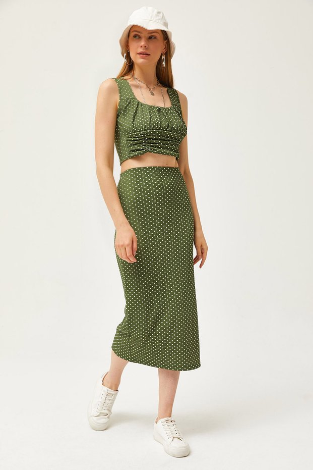 Women's Green Polka Dot Top Blouse Bottom Skirt Knitted Bottom Top Set TKM-19000281