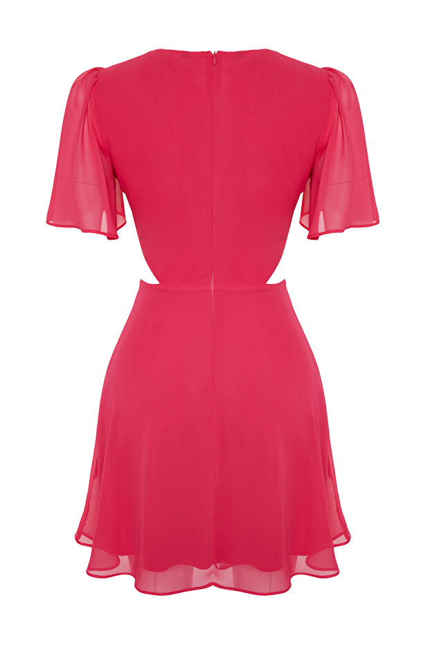 Fuşya Eteği Belden Açılan Cut Out/Pencere Detaylı Mini Dokuma Elbise TWOSS24EL00696 - 8
