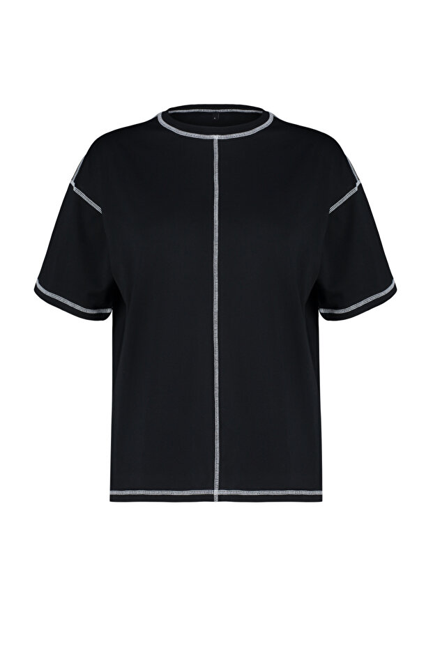 Siyah %100 Pamuk Karkoya Dikiş Detaylı Oversize/Geniş Kesim Örme T-Shirt TWOSS24TS00184 - 11