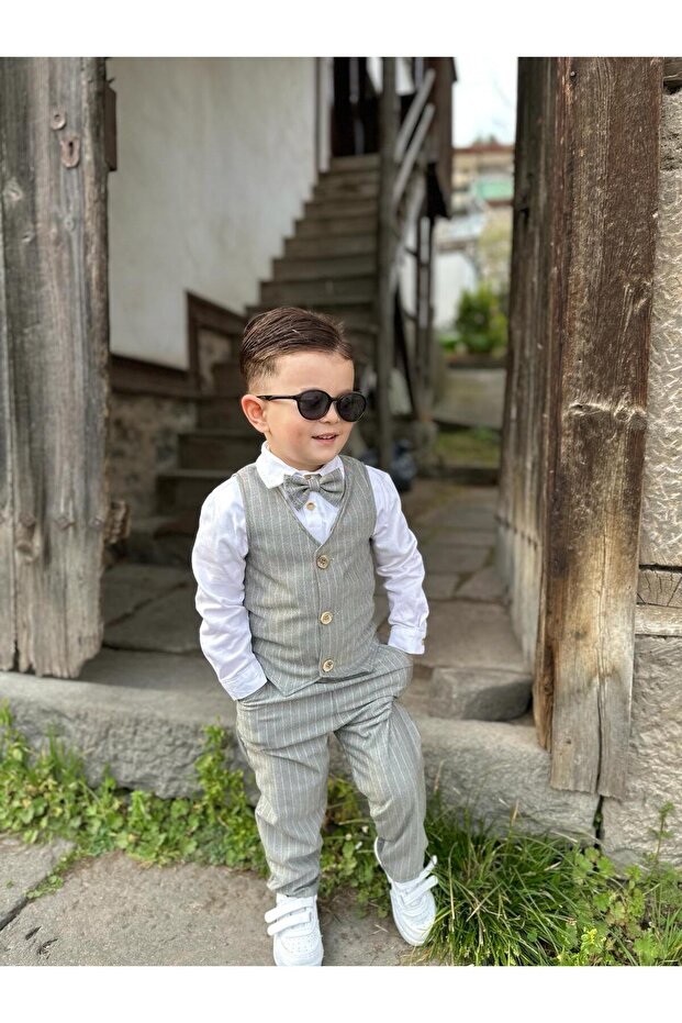 Linen Striped Vest Suit Milk Coffee