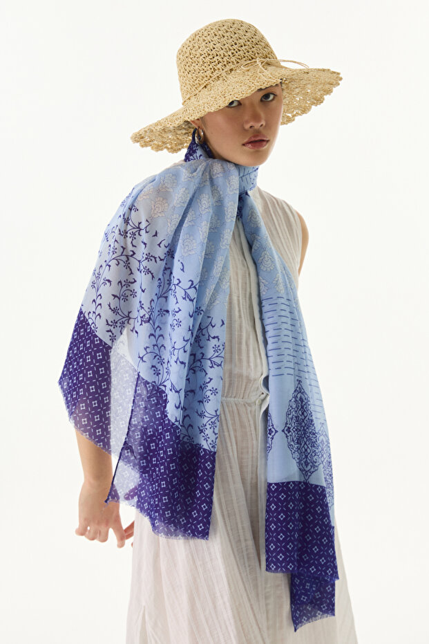 Mi̇ra Ethnic Pattern Baby Blue-Dark Blue Cotton Shal