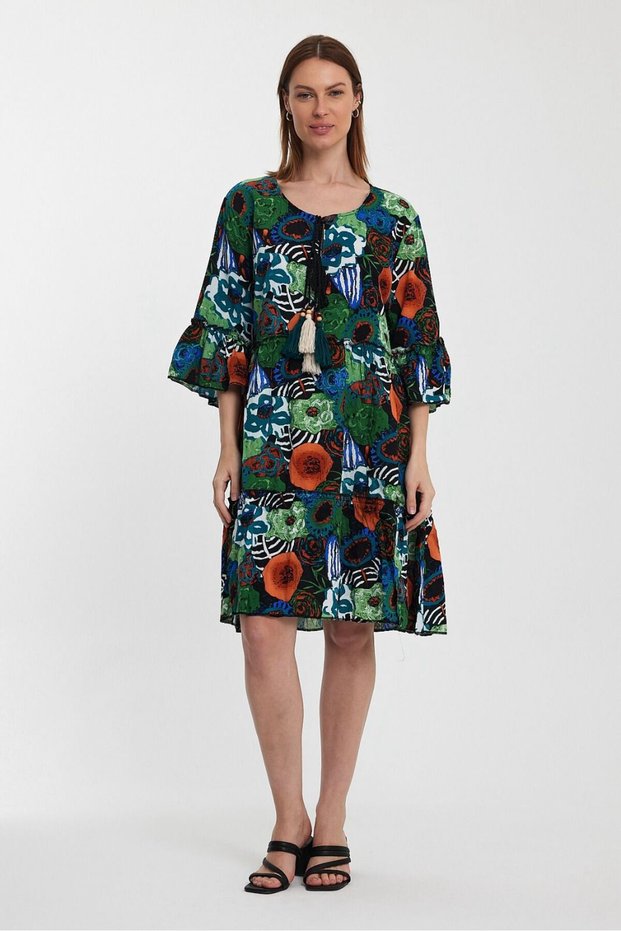 Women's Green Three-Quarter Sleeve Floral Print Oversize Loose Midi Dress