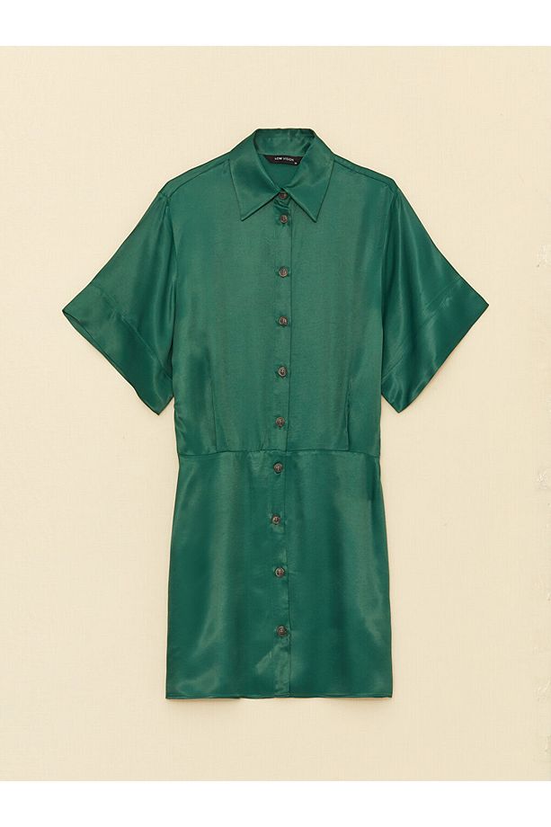 Lcw Vision Düz Kısa Kollu Oversize Saten Kadın Gömlek Elbise - 6
