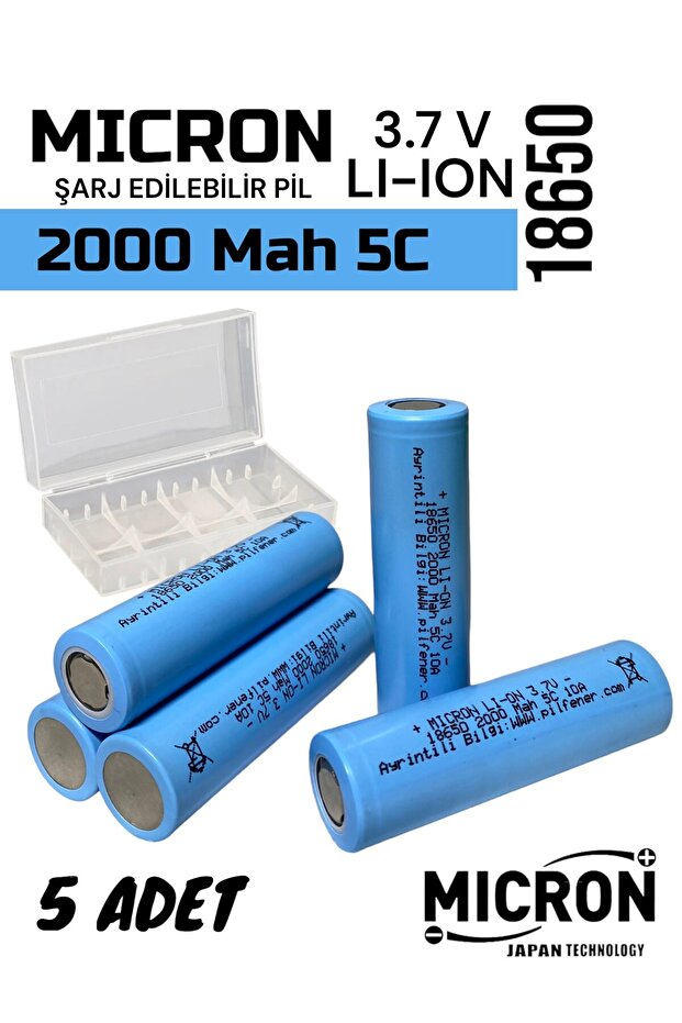 18650 3.7V (Volt) 2000 MaH(Amper) 5C Lityum Şarj edilebilir 5 Adet Pil(Batarya) Pil Kutusu Hediyeli - 1
