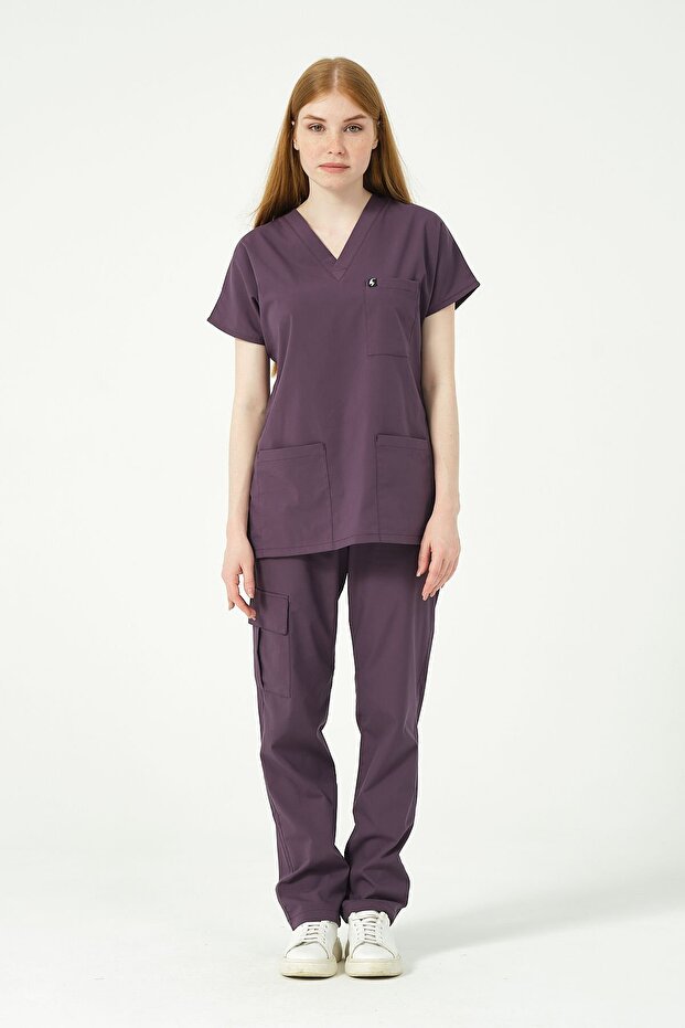 Plum Lycra Scrubs Cargo Pocket Doctor Nurse Uniform Bat Sleeve Set Unisex