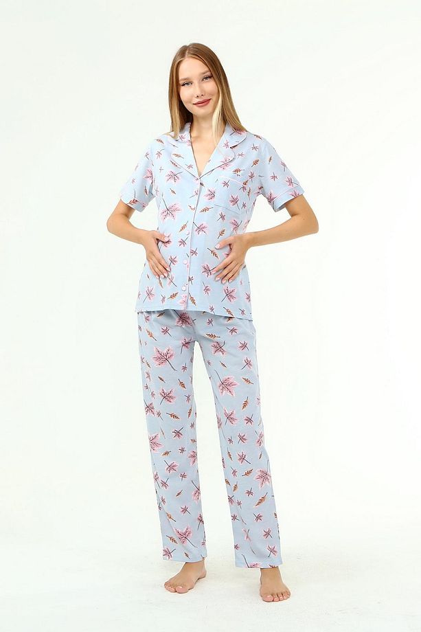 Likapa Penye Önden Düğmeli Hamile Lohusa Kısa Kol Pijama Takımı ,%100 Cotton - 2