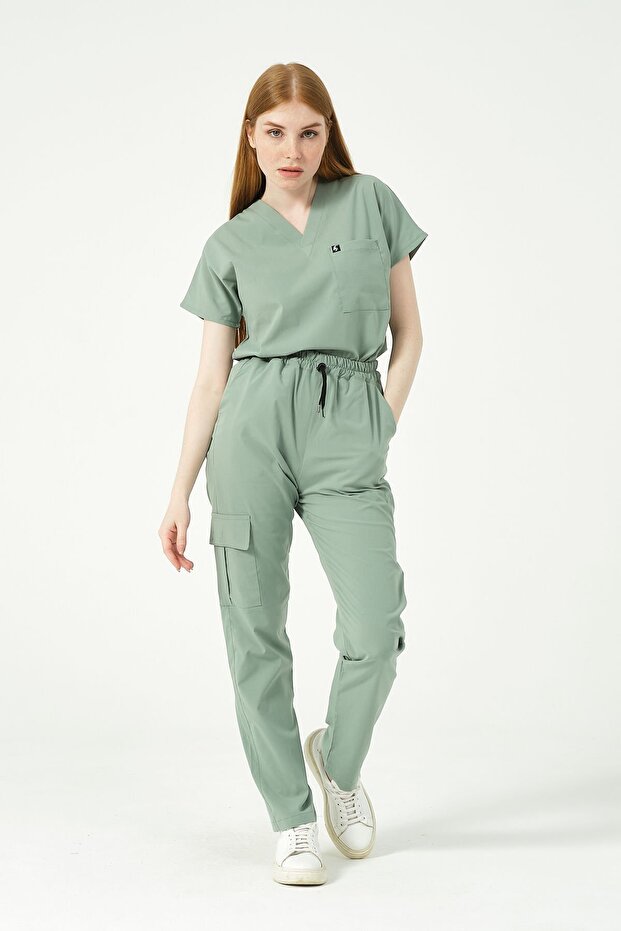 Green Lycra Scrubs Cargo Pocket Doctor Nurse Uniform Bat Sleeve Set Unisex