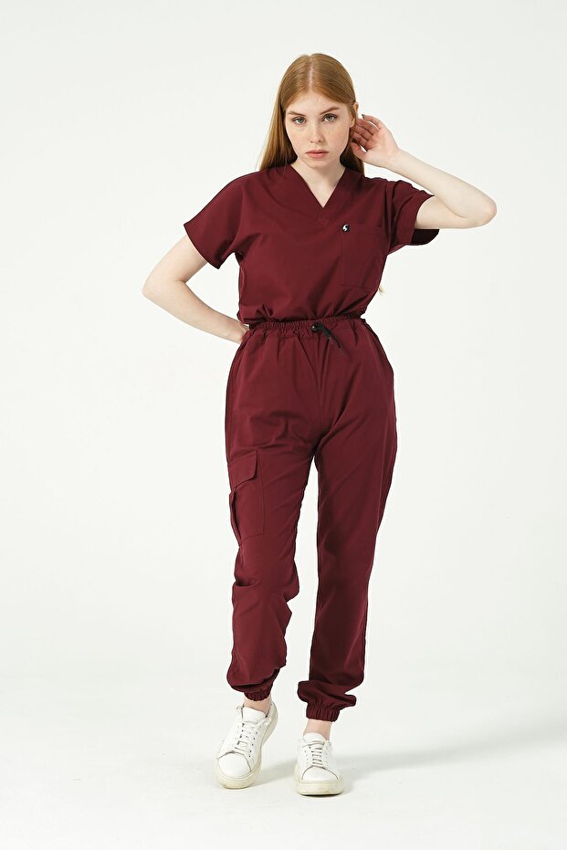 Burgundy Lycra Scrubs Cargo Pocket Jogger Leg Doctor Nurse Uniform Bat Sleeve Set Unisex