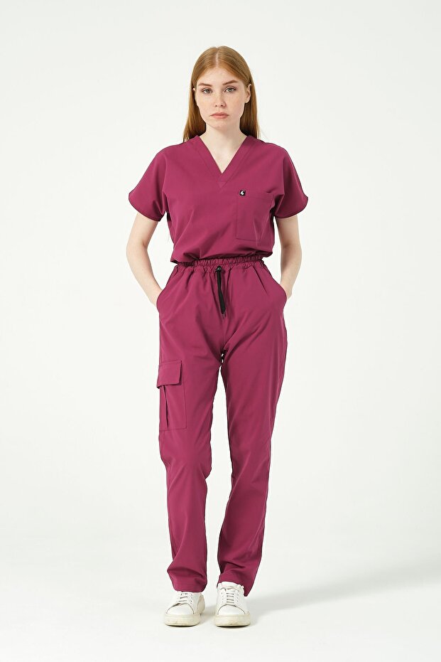 Cherry Lycra Scrubs Cargo Pocket Doctor Nurse Uniform Bat Sleeve Set Unisex