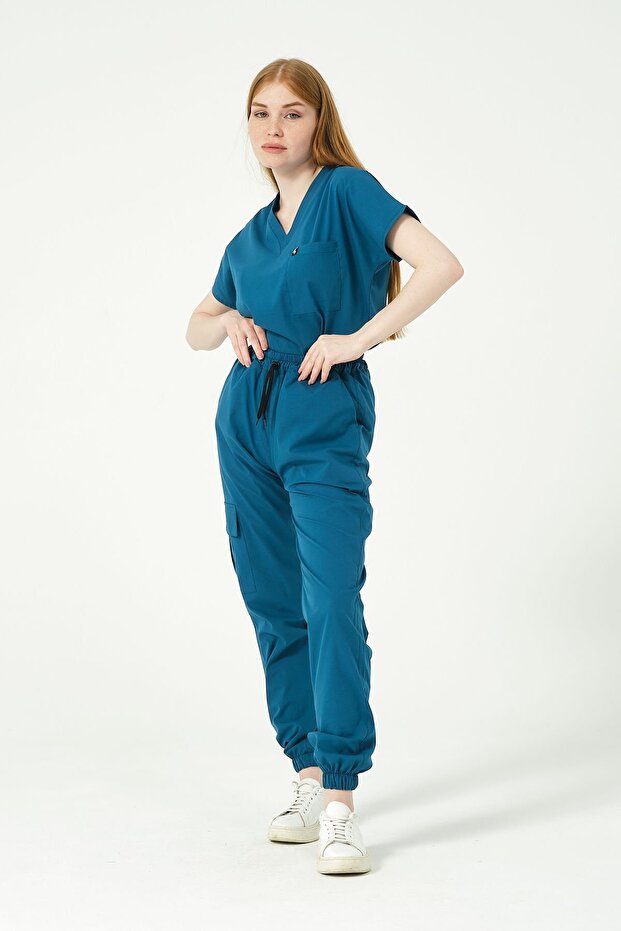 Turquoise Lycra Scrubs Cargo Pocket Jogger Leg Doctor Nurse Uniform Bat Sleeve Set Unisex