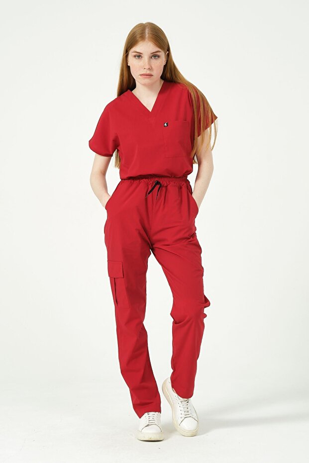 Red Lycra Scrubs Cargo Pocket Doctor Nurse Uniform Bat Sleeve Set Unisex