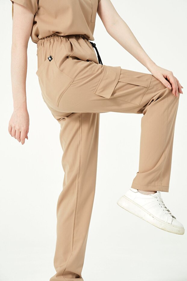 Beige Lycra Cargo Pocket Doctor Nurse Uniform Single Bottom Unisex