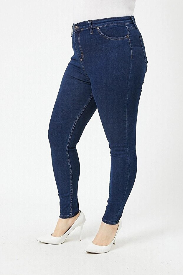 Dark Blue Large Size Lycra High Waist Jean Trousers