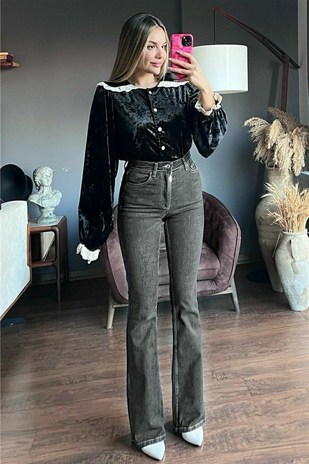 Ispanyol Yüksek Bel Solmaz Mavi Kar Yıkama Kot Pantolon Toparlayıcı Jean - 6