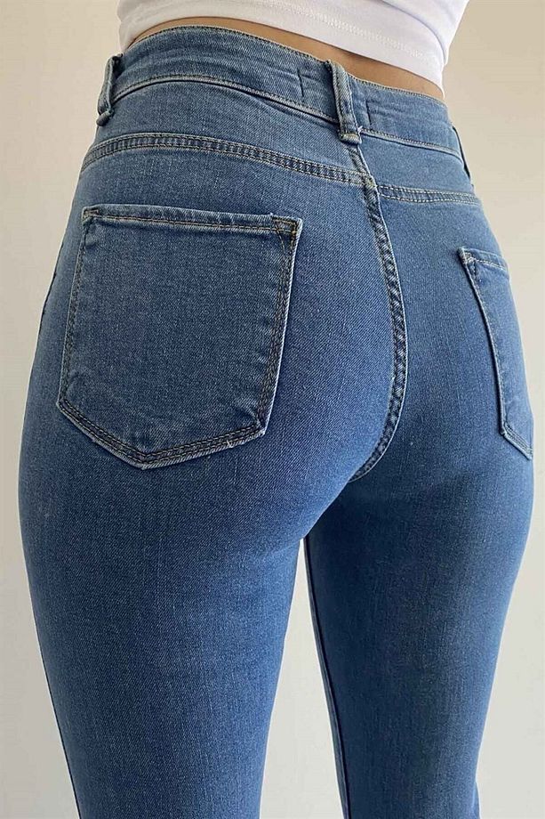 Zar Ispanyol Yüksek Bel Solmaz Mavi Kar Yıkama Kot Pantolon Toparlayıcı Jean - 6