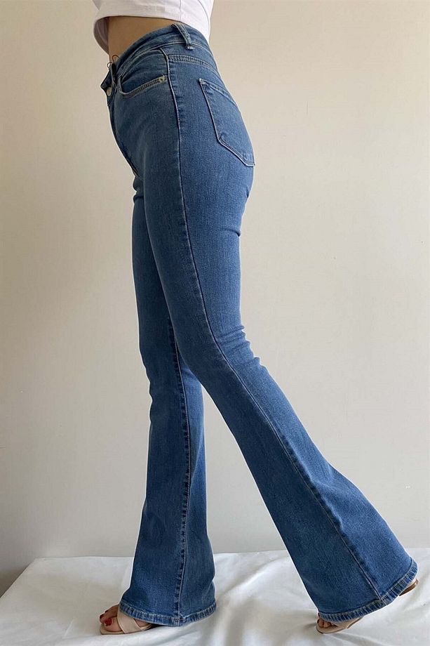 Zar Ispanyol Yüksek Bel Solmaz Mavi Kar Yıkama Kot Pantolon Toparlayıcı Jean - 5