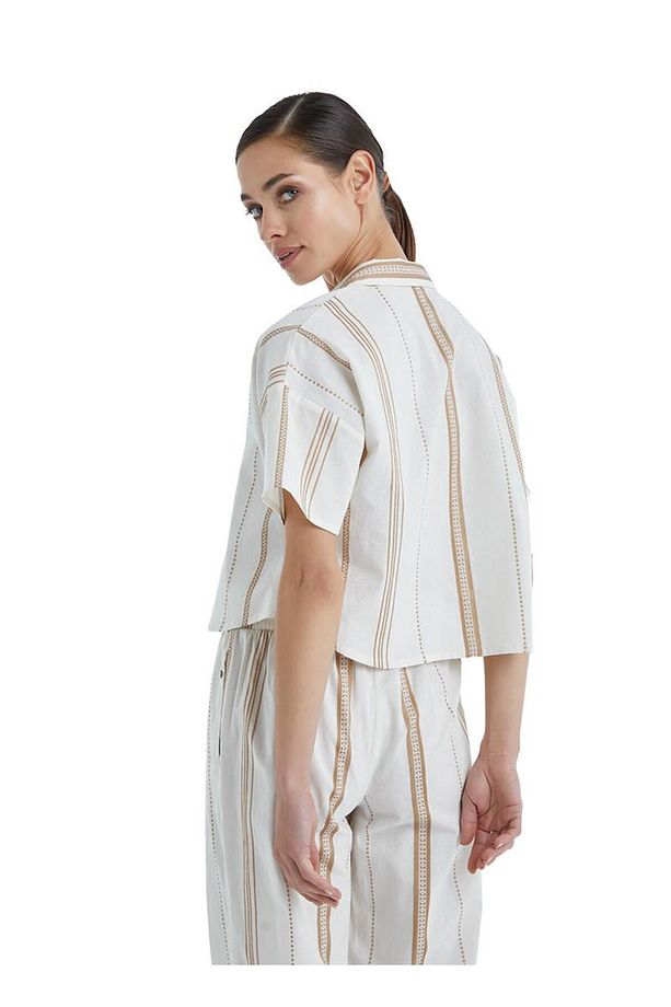 Kadın Kısa Kol Crop Gömlekli Bej Pijama Takımı C4T0N4O06- - 4