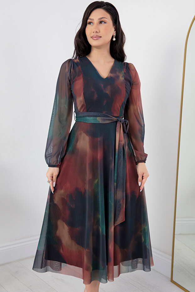 V Yaka Kuşaklı Tül Elbise AP-123 - 2