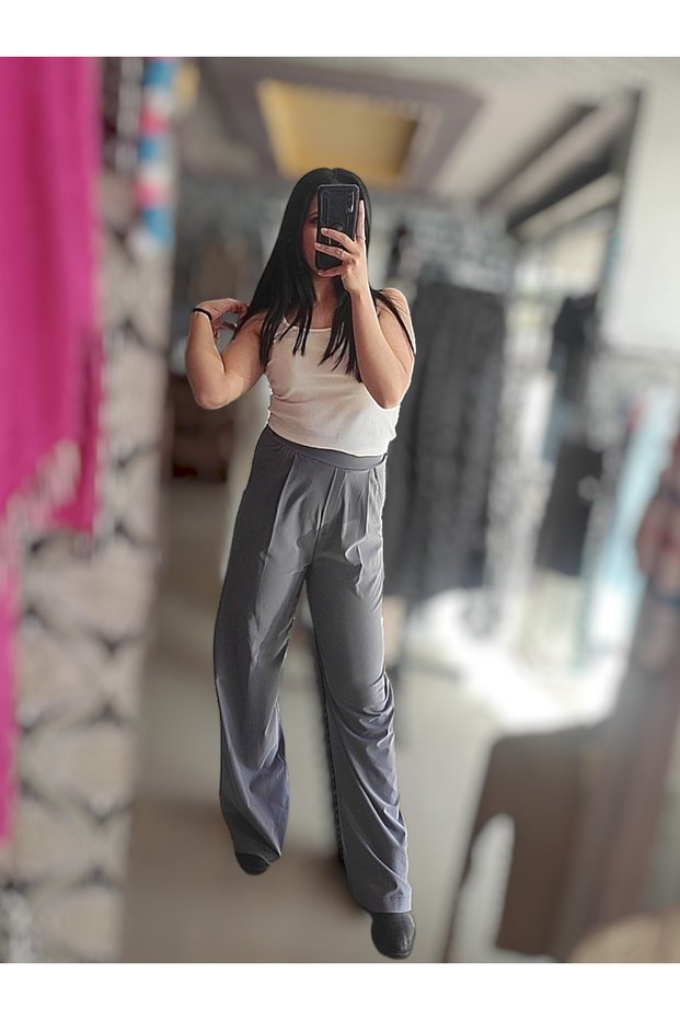 Women's Elastic Waist Loose Light Gray Seasonal Palazzo Wide Leg Trousers