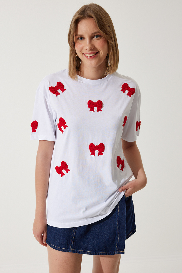 Women's White Textured Bow Oversize Knitted T-Shirt NJ00143
