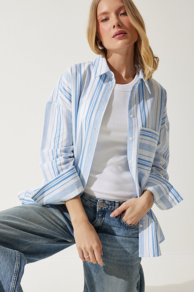 Women's White Blue Striped Cotton Oversize Shirt HK00034