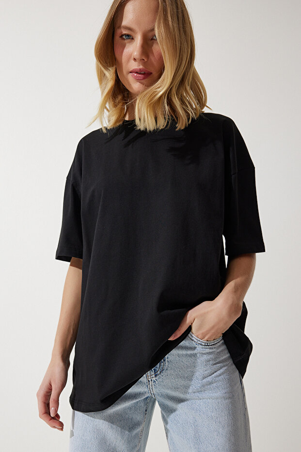Women's Black Crew Neck Basic Oversize Knitted T-Shirt BF00091