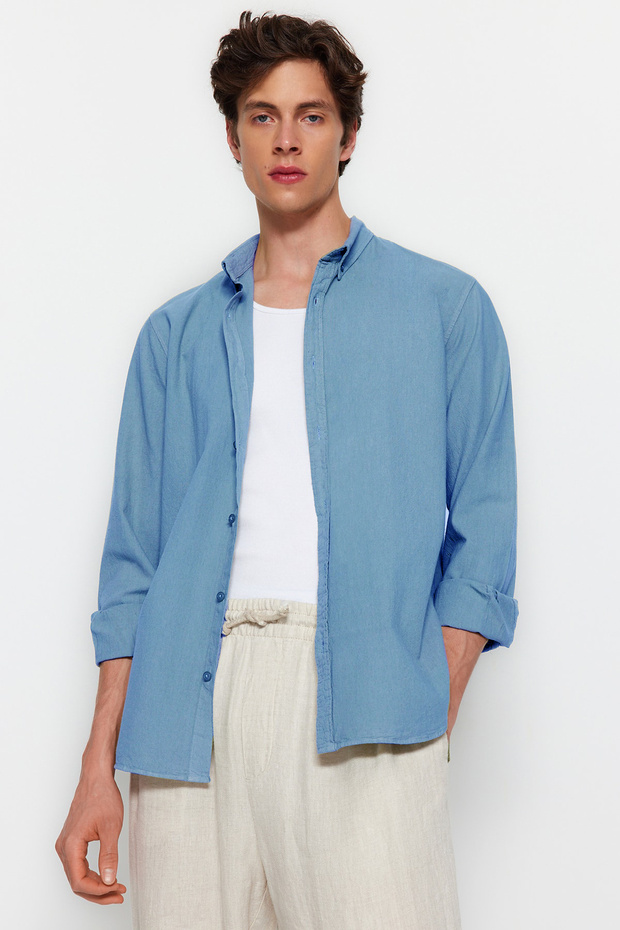 Mavi Unisex Regular Fit %100 Pamuklu Keten Görünümlü Gömlek TMNSS23GO00099 - 4