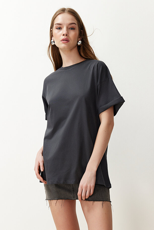 Antrasit %100 Pamuk Bisiklet Yaka Oversize/Geniş Kalıp Örme T-Shirt TWOSS20TS0134 - 2