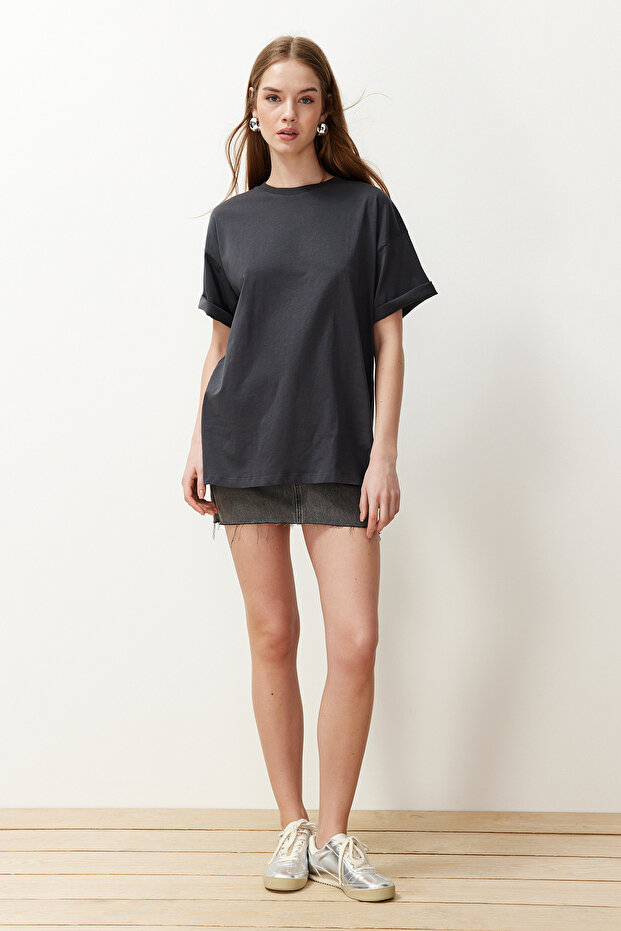 Antrasit %100 Pamuk Bisiklet Yaka Oversize/Geniş Kalıp Örme T-Shirt TWOSS20TS0134 - 1