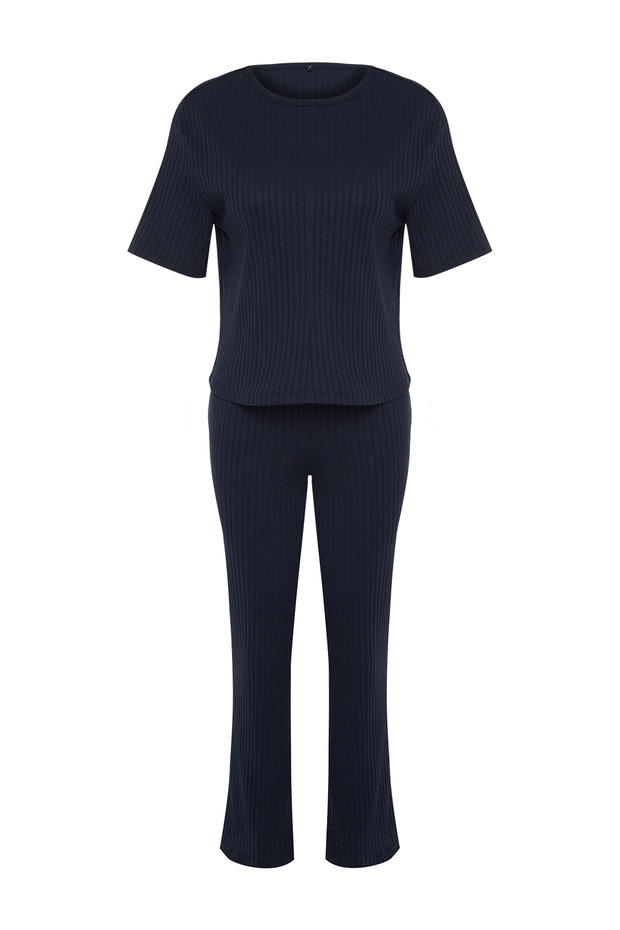 Lacivert Slogan Baskılı Lastik Detaylı Fitilli T-shirt-Pantolon Örme Pijama THMSS21PT1016 - 9