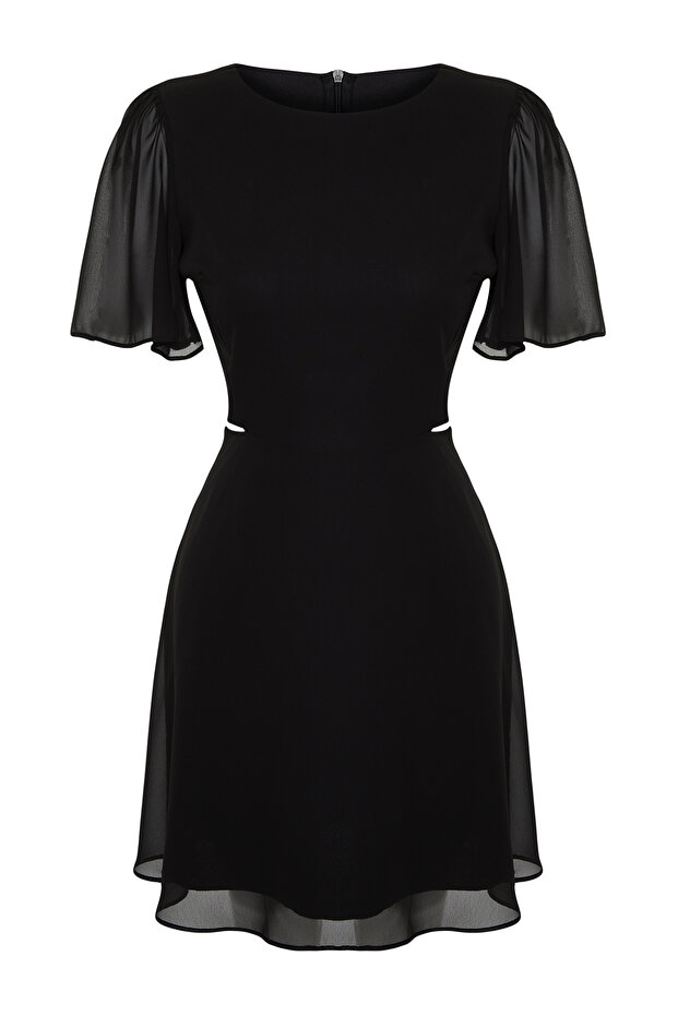 Siyah Eteği Belden Açılan Cut Out/Pencere Detaylı Mini Dokuma Elbise TWOSS24EL00696 - 7