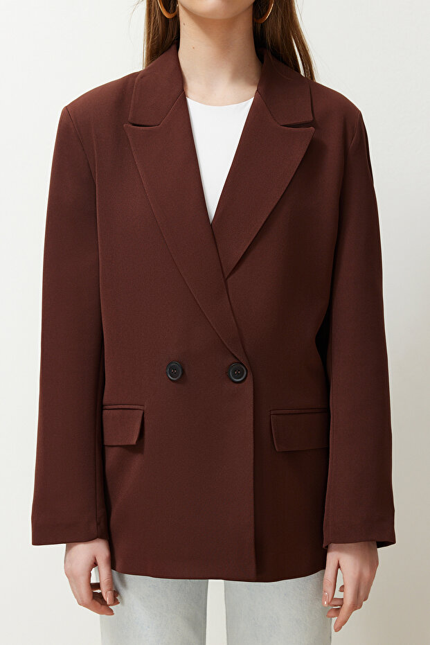 Kahverengi Oversize Düz Kesim Basic Kruvaze Dokuma Blazer Ceket TWOSS24BC00028 - 4