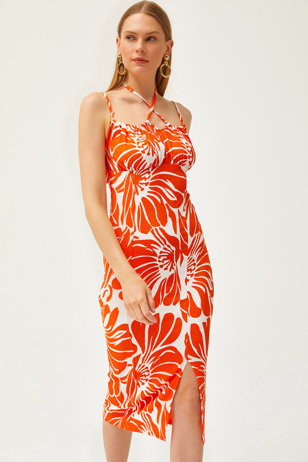 Women's Orange Thin Strap Collar Tied Slit Midi Dress ELB-19002126