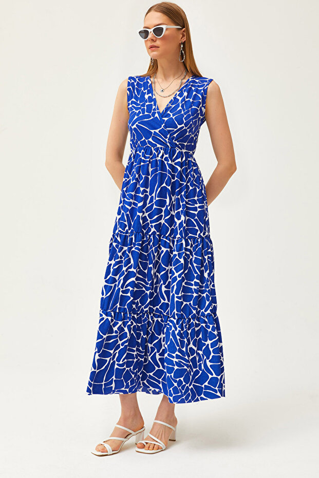 Women's Cobalt Blue Double Breasted Collar Patterned Maxi Knitted Dress ELB-19002125