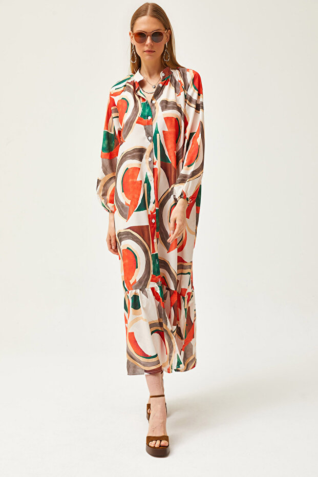 Női ekrü narancssárga nagy mintás maxi szőtt ingruha ELB-19002056 - 1