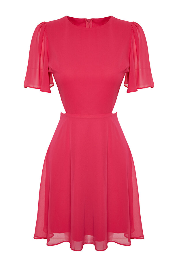 Fuşya Eteği Belden Açılan Cut Out/Pencere Detaylı Mini Dokuma Elbise TWOSS24EL00696 - 7