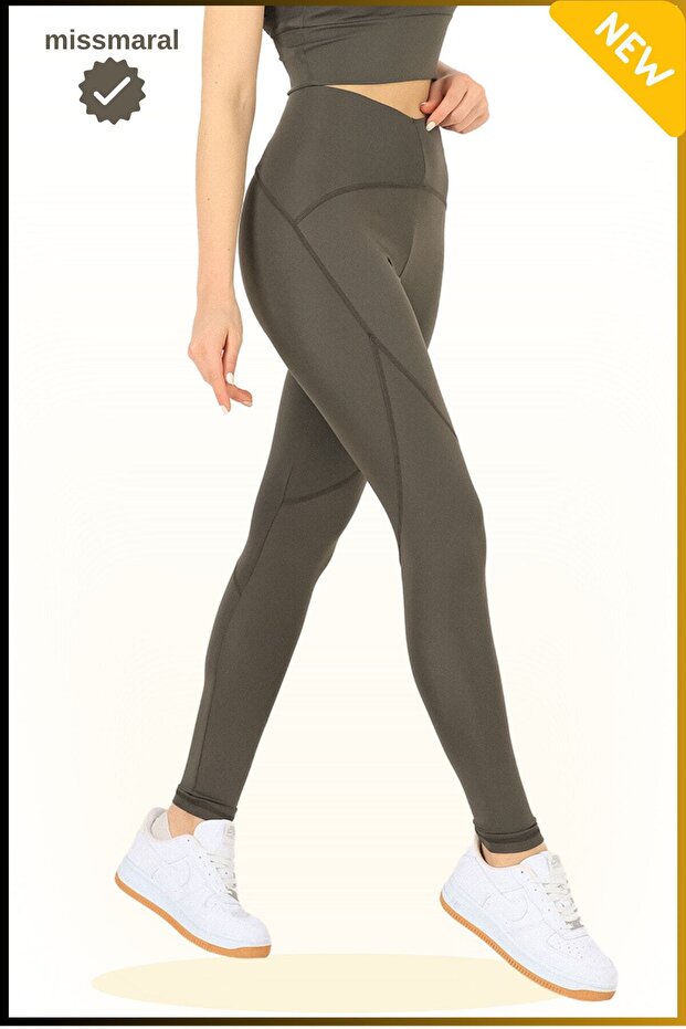 missmaral Slim Fit Yüksek Bel Toparlayıcı Haki / Khaki Spor Tayt Flatlock Dikiş Detaylı Fit Tasarım Oslo 1090