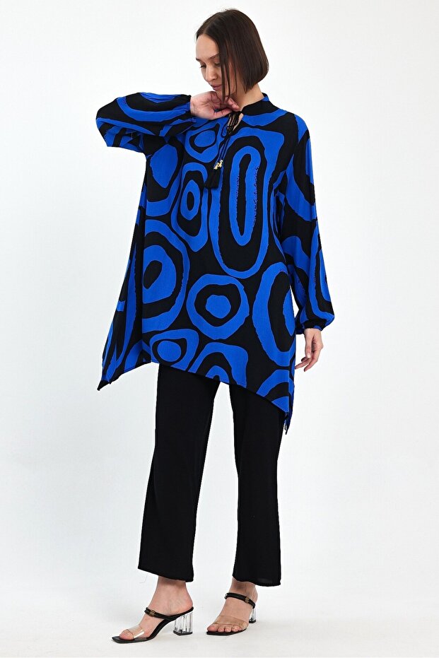 Women's Black Blue Patterned Placket Collar Tunic Trousers 2-Piece Set