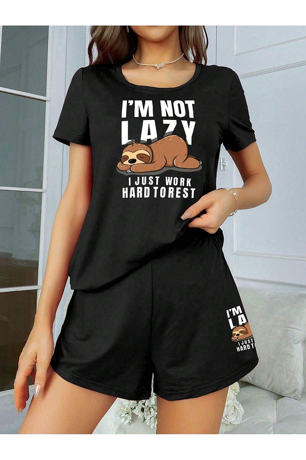 Kadın Siyah I Am Not Lazy Baskılı Oversize Şortlu Takım - 1
