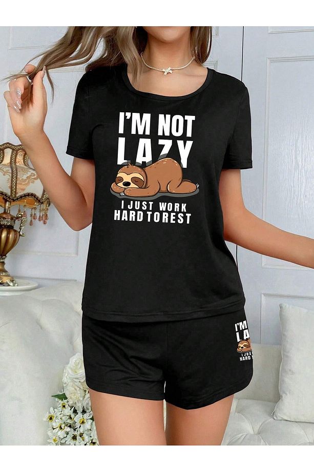 Kadın Siyah I Am Not Lazy Baskılı Oversize Şortlu Takım - 4
