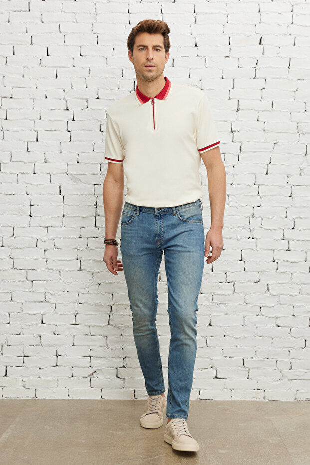 Erkek Petrol Mavisi Ekstra Slim Fit Dar Kesim Pamuklu Esnek Rıss Jean Kot Denim Pantolon - 3