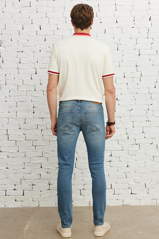 Erkek Petrol Mavisi Ekstra Slim Fit Dar Kesim Pamuklu Esnek Rıss Jean Kot Denim Pantolon - 7