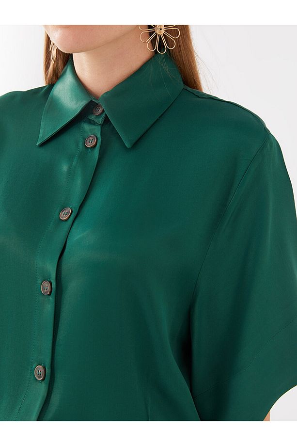 Lcw Vision Düz Kısa Kollu Oversize Saten Kadın Gömlek Elbise - 4