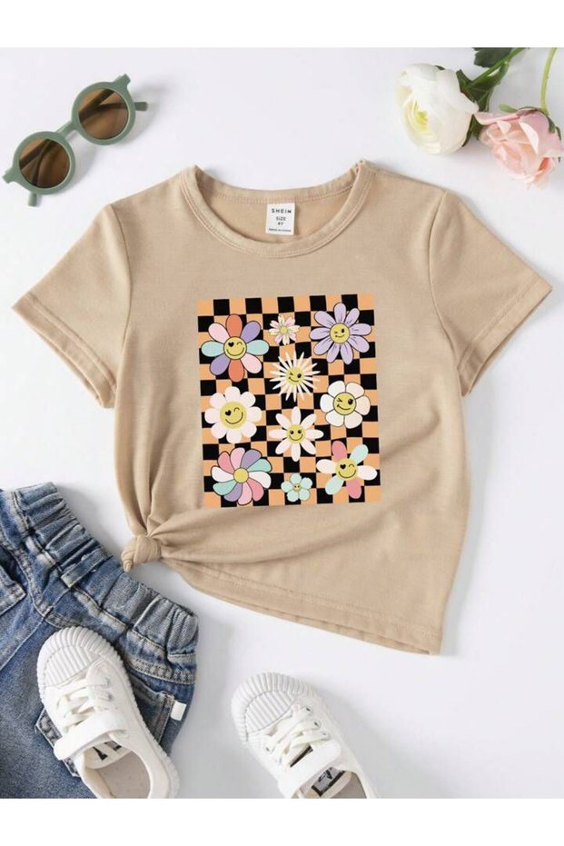 Girl's Daisies Printed Beige T-Shirt