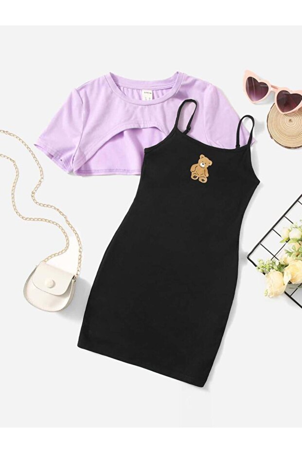 Children's Teddy Bear Printed Dress & Crop T-shirt Combination