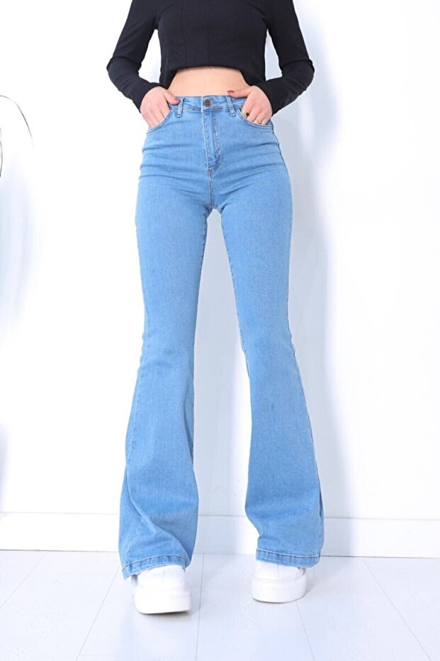 High Waisted Non-Fading Blue Snow Wash Denim Pants Shaping Flare Jeans