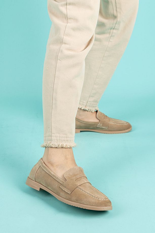 Monk Kadın Süet Bej Loafer Ayakkabı - 6